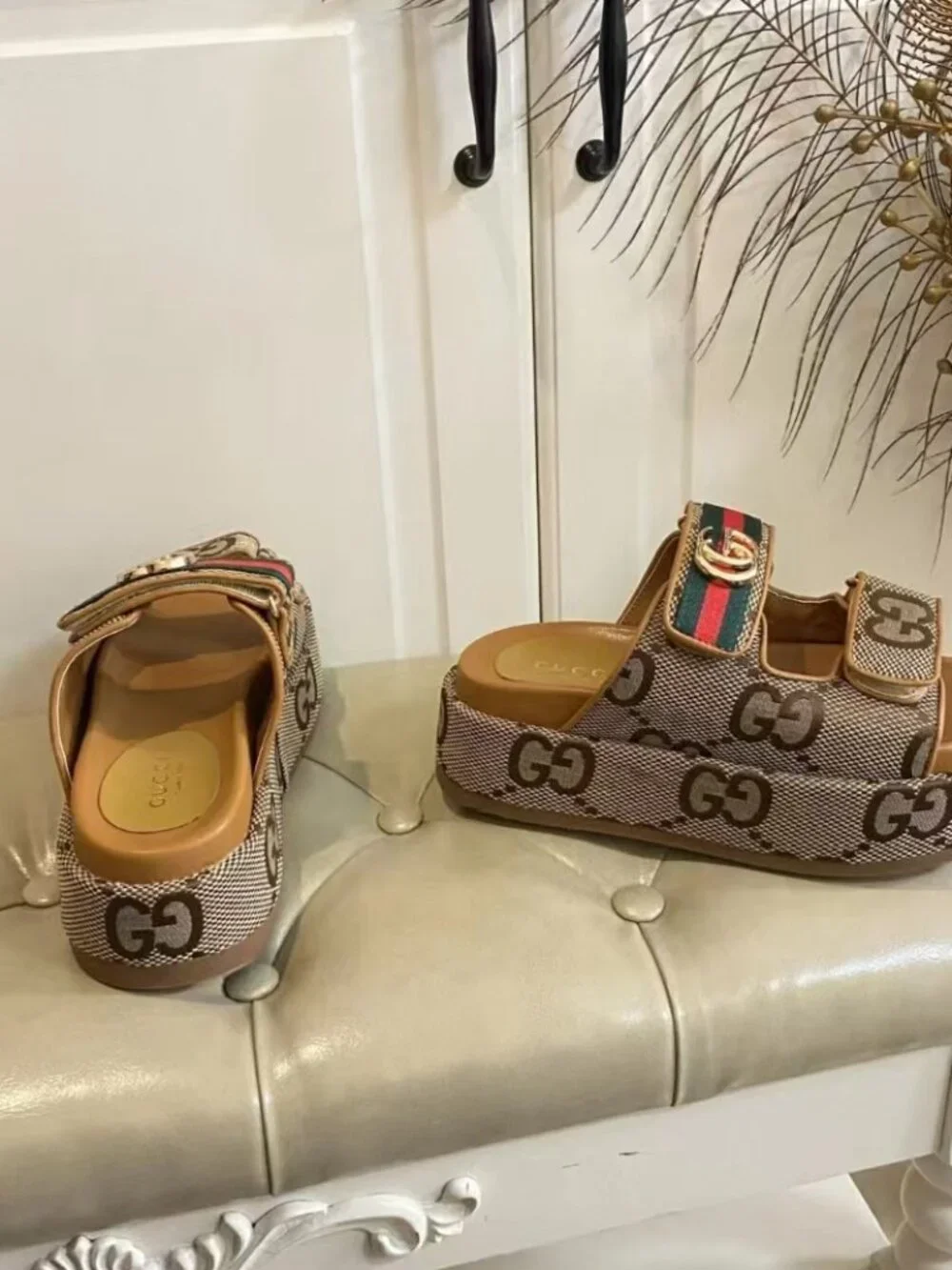 Gucci Monogram Canvas Adjustable Velcro Platform Slides